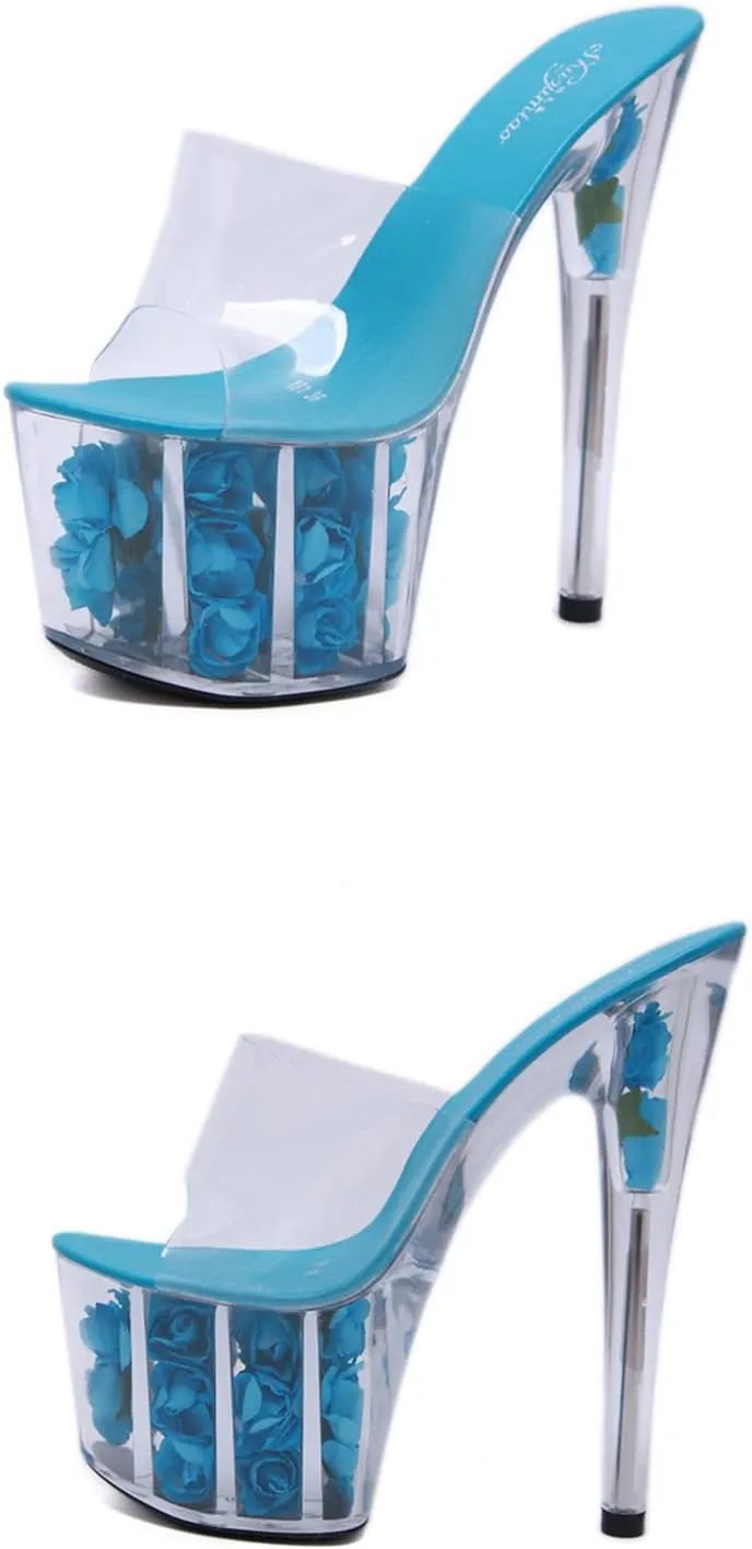 Women's Open Toe High Heeled Sandals PVC Transparent Platform Stiletto Sandals Slide On Heeled Mule Shoes Summer Dress Rose Flower Soles high Heels 17cm/6.7inch