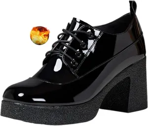 Women's Patent Leather Chunky Heel Dress Oxford Shoes Fashionable Round Head Print Platform High Heels Lace Up Pumps Business Work Shoes