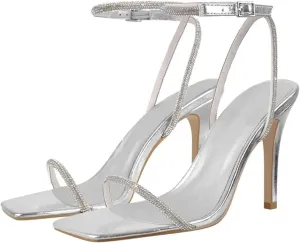 Women's Sequin Square Toe Sandals - Crystal Ankle Buckle Thin Heels
