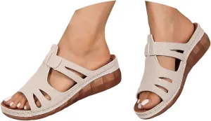 Women's Slide Sandals Orthopedic Low Wedge Heels Sandal Open Toe T-Strap Hollow Out Slip On Slides Ladies Arch Support Summer Comfy Slippers Casual Shoes Recovery Mules Wide Shoe for Daily Wear
