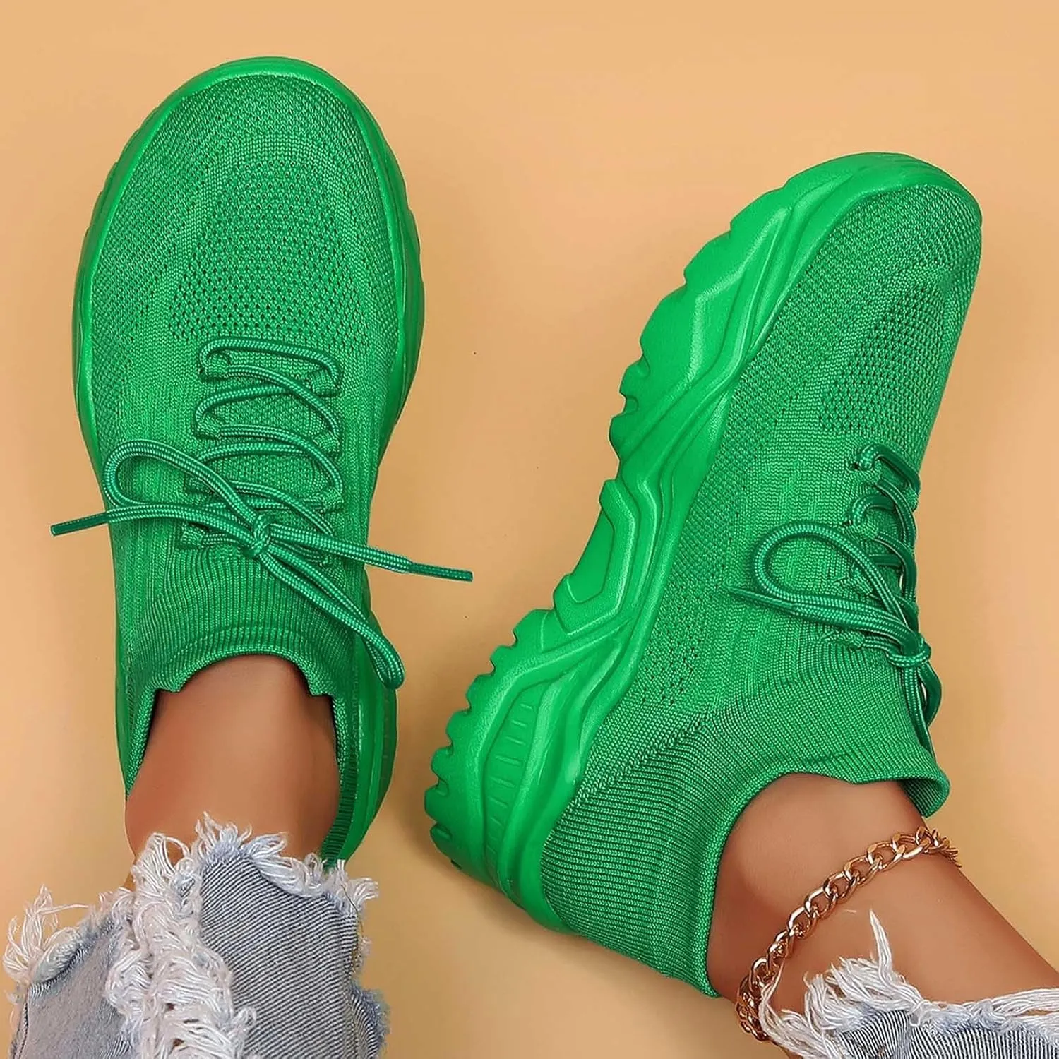 Women's Solid Color Fashion Four Season Lace Up Sneakers Solid Color Flying Woven Running Shoes Women's Water Shoes
