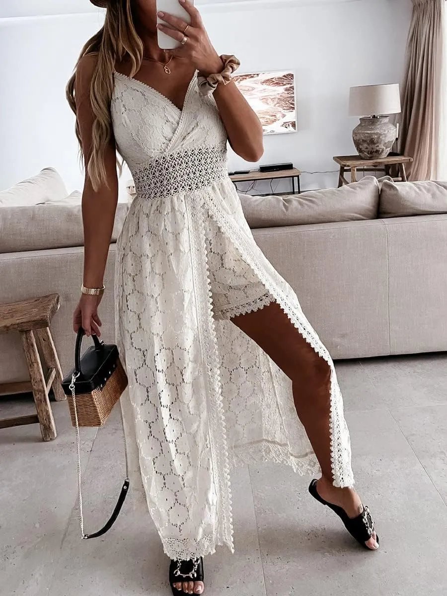 Women's Spaghetti Strap Deep V Neck Lace Hem Maxi Dresses Sleeveless Backless Boho Tassel Beach Ruffle Swing Dresses