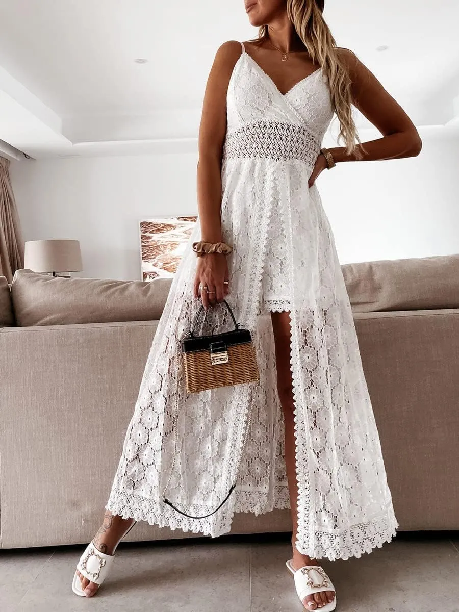Women's Spaghetti Strap Deep V Neck Lace Hem Maxi Dresses Sleeveless Backless Boho Tassel Beach Ruffle Swing Dresses
