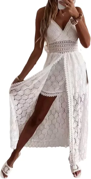 Women's Spaghetti Strap Deep V Neck Lace Hem Maxi Dresses Sleeveless Backless Boho Tassel Beach Ruffle Swing Dresses