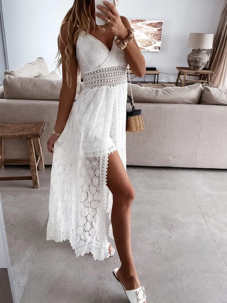 Women's Spaghetti Strap Deep V Neck Lace Hem Maxi Dresses Sleeveless Backless Boho Tassel Beach Ruffle Swing Dresses
