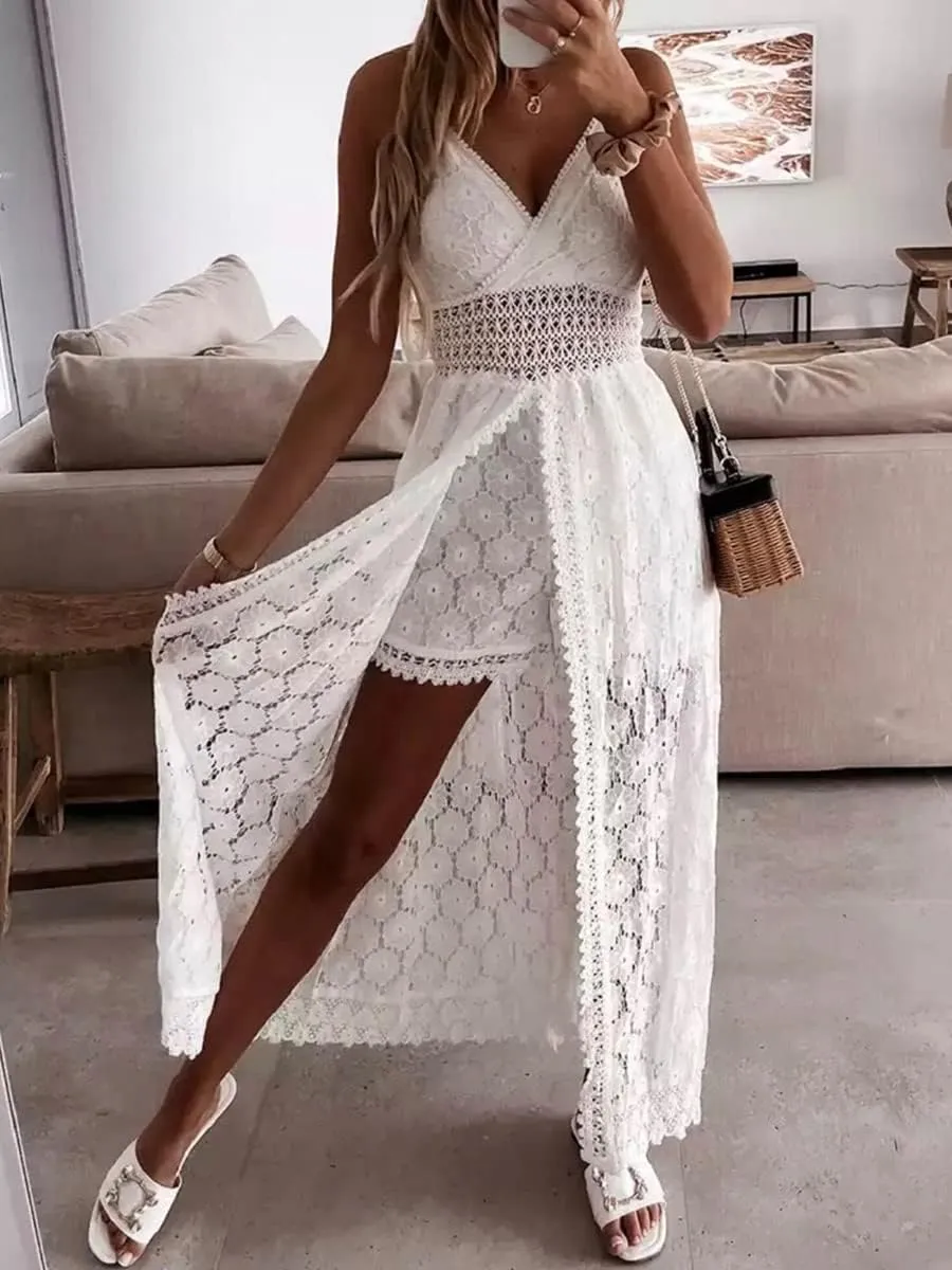 Women's Spaghetti Strap Deep V Neck Lace Hem Maxi Dresses Sleeveless Backless Boho Tassel Beach Ruffle Swing Dresses