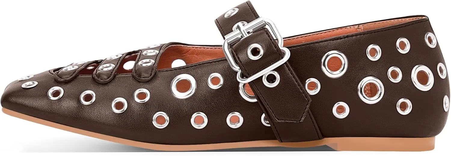 Women's Square Toe Ballet Flats Studded Metal Eyelet Perforated Hollow Out Buckle Mary Janes Shoes