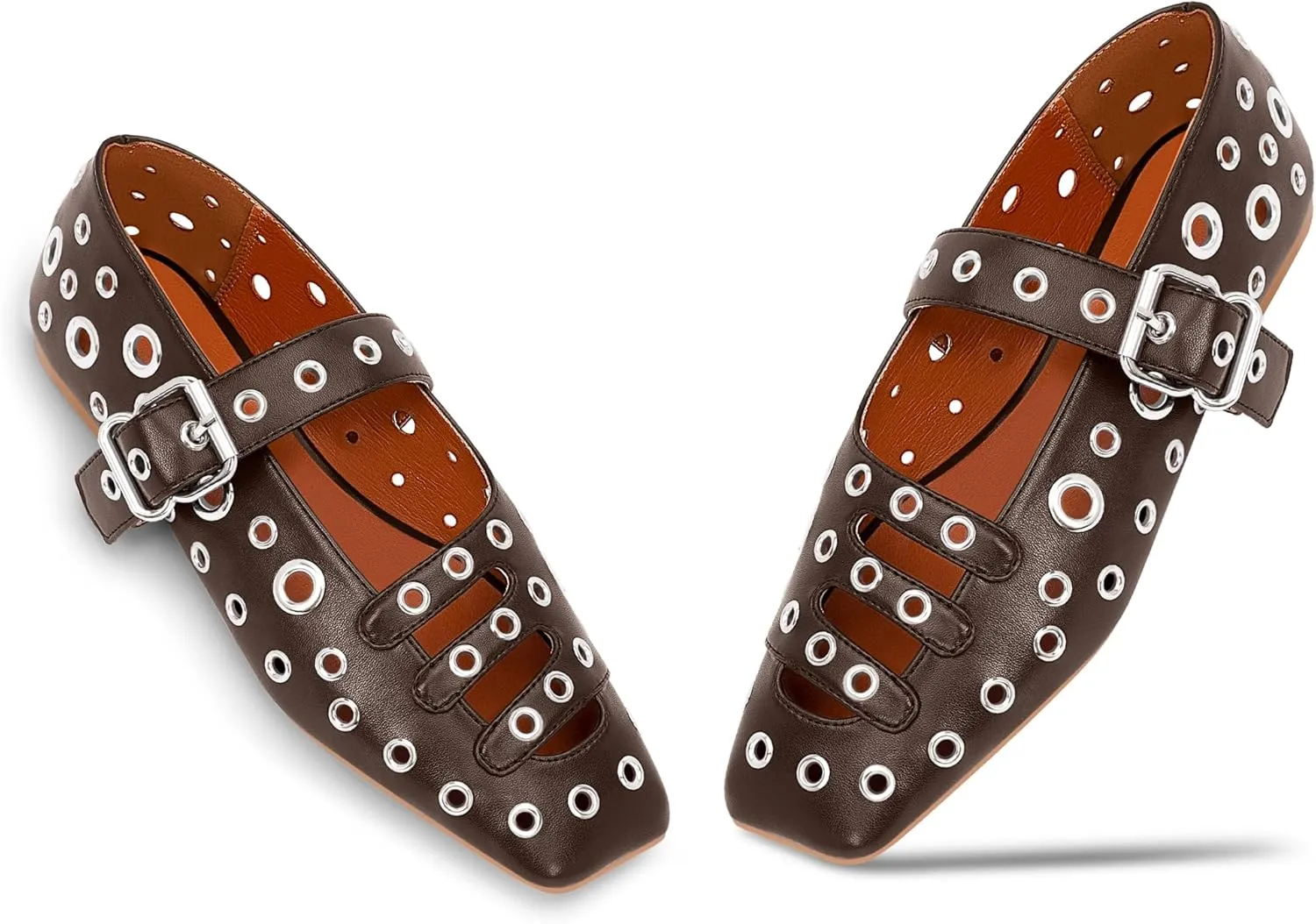 Women's Square Toe Ballet Flats Studded Metal Eyelet Perforated Hollow Out Buckle Mary Janes Shoes