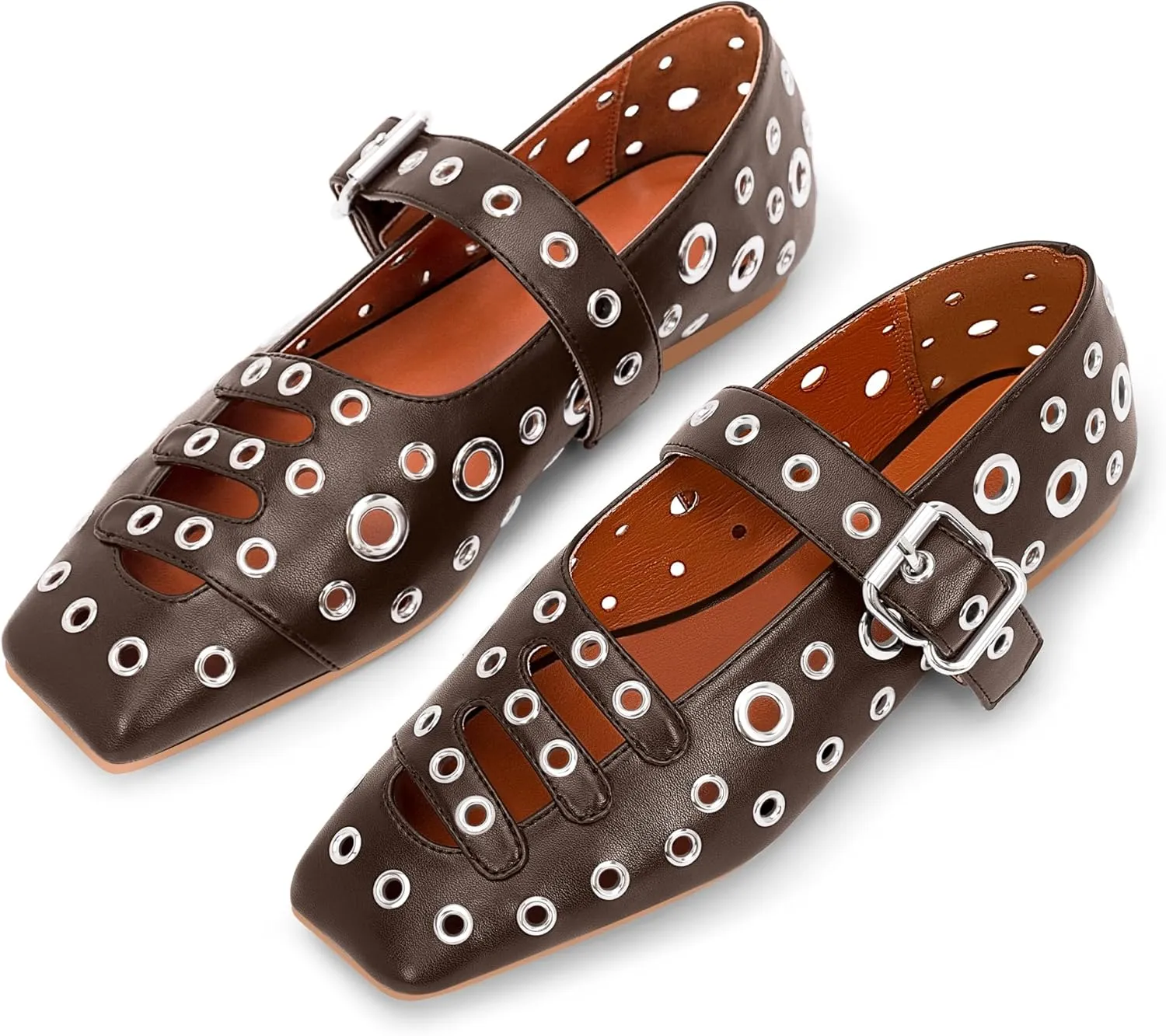 Women's Square Toe Ballet Flats Studded Metal Eyelet Perforated Hollow Out Buckle Mary Janes Shoes