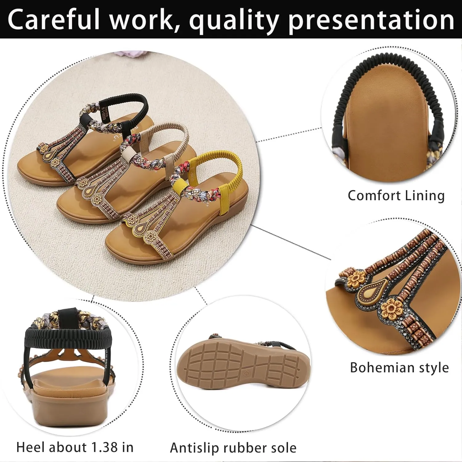 Women's Summer Bohemian Wedge Sandals Comfortable Lightweight Fashion Rhinestones T-Strap Open Toe Elastic Ankle Strap Slip-On Casual Beach Sandals