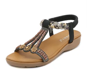 Women's Summer Bohemian Wedge Sandals Comfortable Lightweight Fashion Rhinestones T-Strap Open Toe Elastic Ankle Strap Slip-On Casual Beach Sandals
