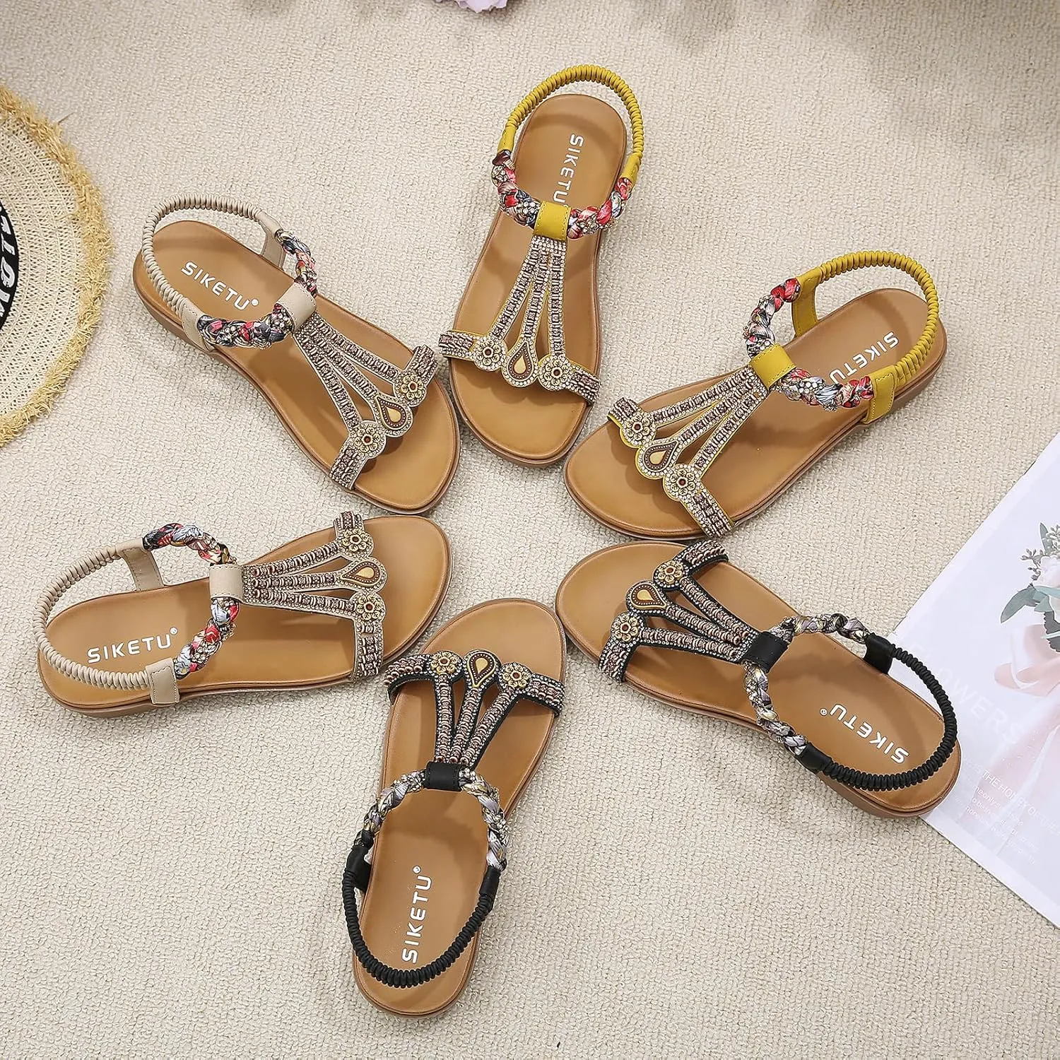 Women's Summer Bohemian Wedge Sandals Comfortable Lightweight Fashion Rhinestones T-Strap Open Toe Elastic Ankle Strap Slip-On Casual Beach Sandals