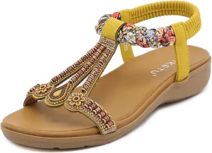 Women's Summer Bohemian Wedge Sandals Comfortable Lightweight Fashion Rhinestones T-Strap Open Toe Elastic Ankle Strap Slip-On Casual Beach Sandals