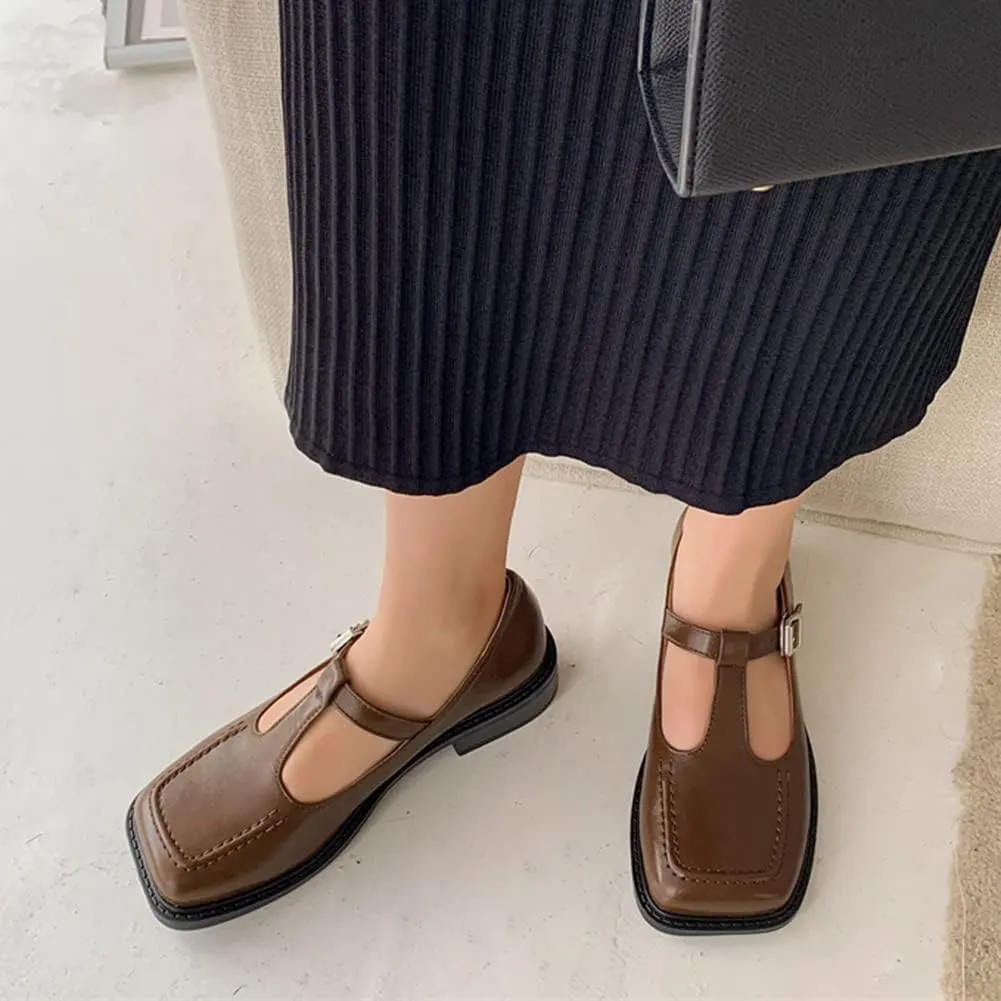 Women's T-Strap Mary Jane Flat Pumps Closed Square Toe Dress Pumps