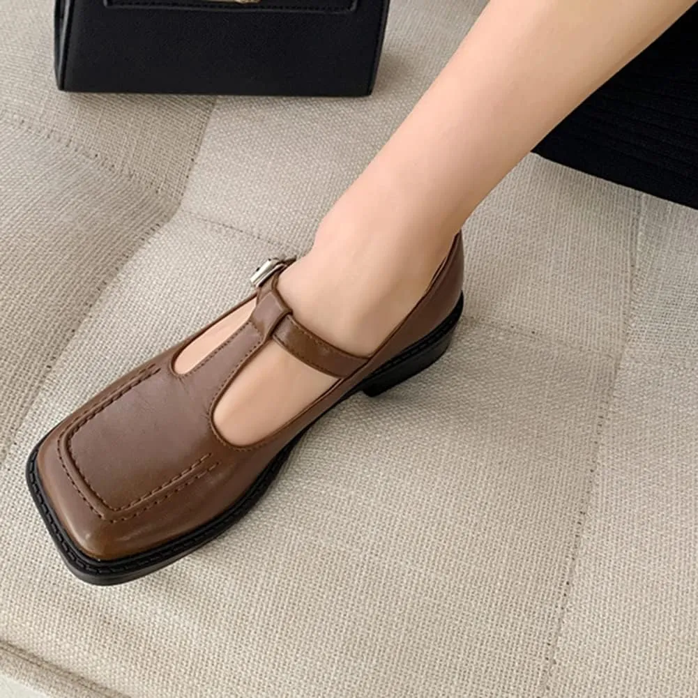 Women's T-Strap Mary Jane Flat Pumps Closed Square Toe Dress Pumps