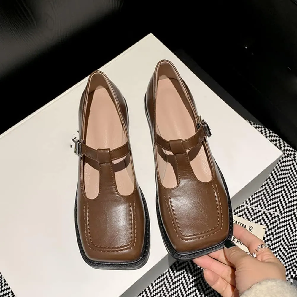 Women's T-Strap Mary Jane Flat Pumps Closed Square Toe Dress Pumps