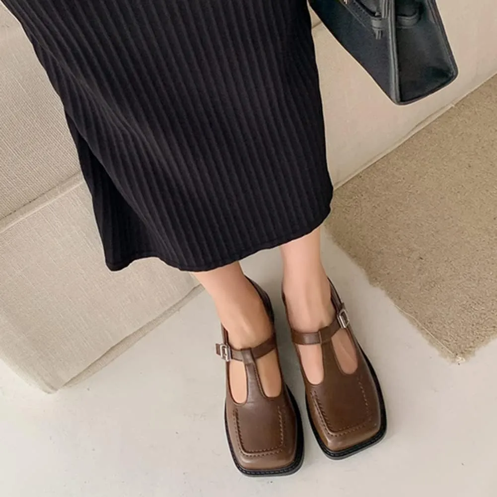 Women's T-Strap Mary Jane Flat Pumps Closed Square Toe Dress Pumps