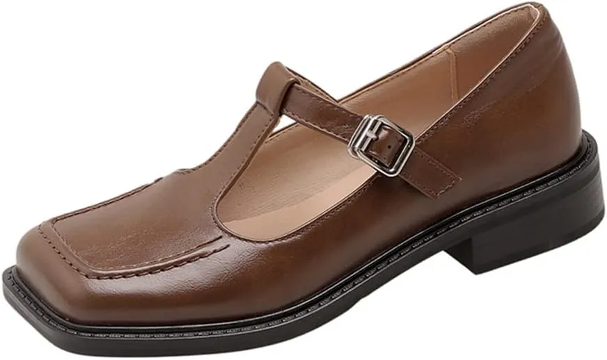 Women's T-Strap Mary Jane Flat Pumps Closed Square Toe Dress Pumps