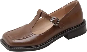 Women's T-Strap Mary Jane Flat Pumps Closed Square Toe Dress Pumps