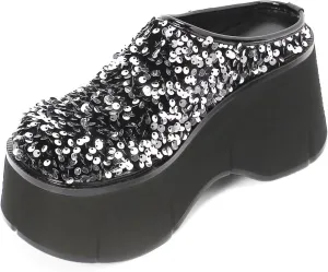 WUDPUNDR Women's High Platform Sparkling Sequin Mules Shoes Slip On Closed Toe Slippers