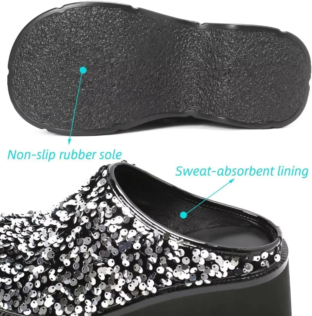 WUDPUNDR Women's High Platform Sparkling Sequin Mules Shoes Slip On Closed Toe Slippers