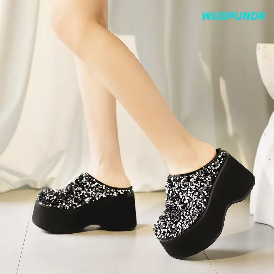 WUDPUNDR Women's High Platform Sparkling Sequin Mules Shoes Slip On Closed Toe Slippers