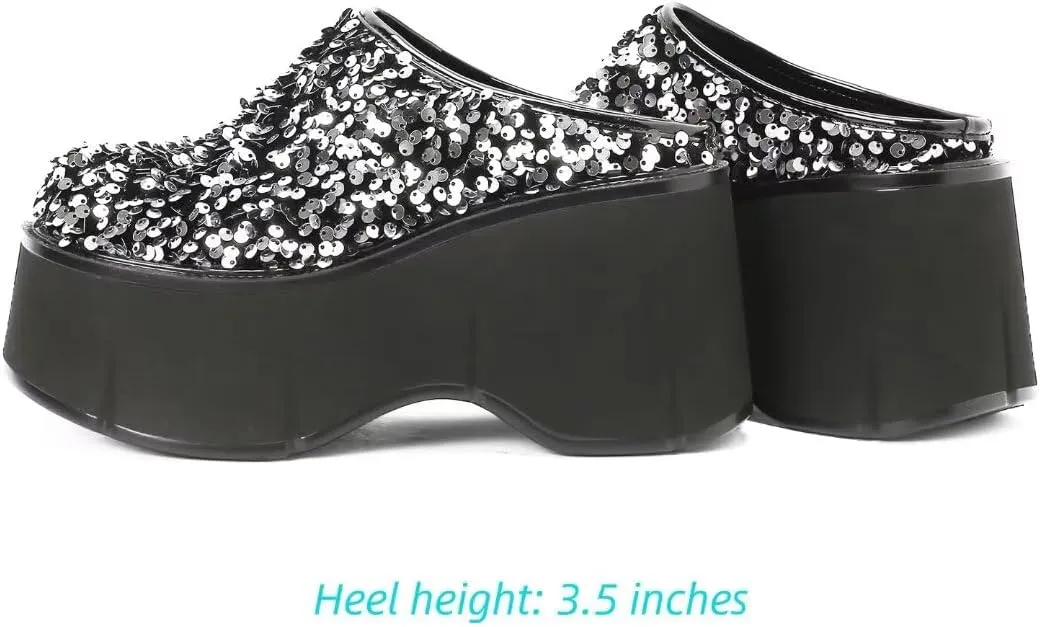 WUDPUNDR Women's High Platform Sparkling Sequin Mules Shoes Slip On Closed Toe Slippers