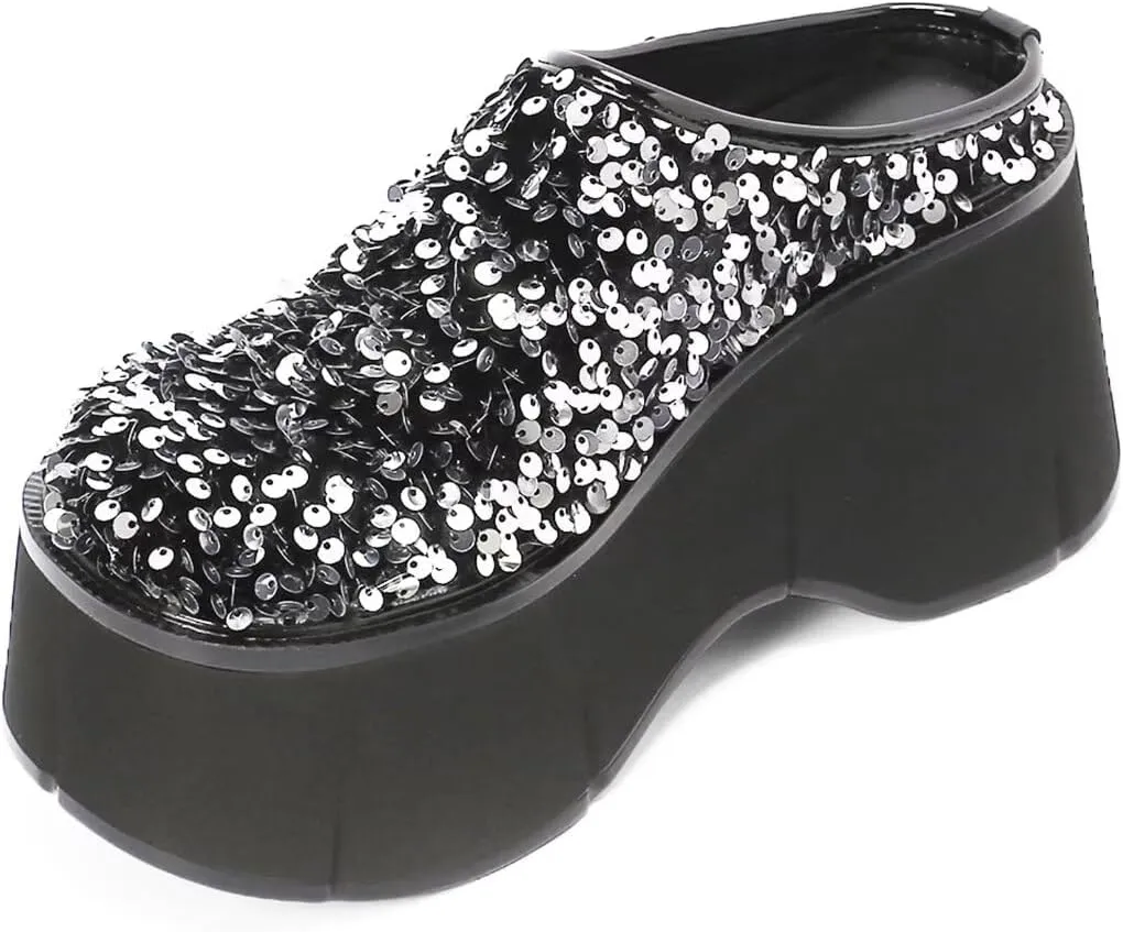 WUDPUNDR Women's High Platform Sparkling Sequin Mules Shoes Slip On Closed Toe Slippers
