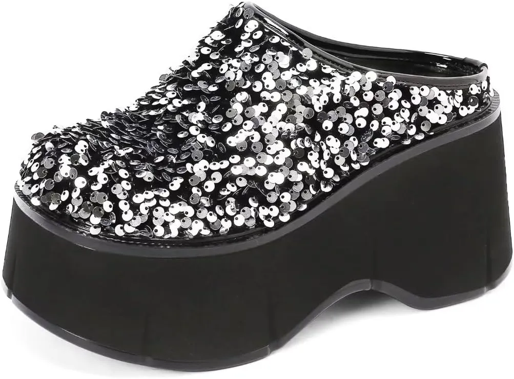 WUDPUNDR Women's High Platform Sparkling Sequin Mules Shoes Slip On Closed Toe Slippers