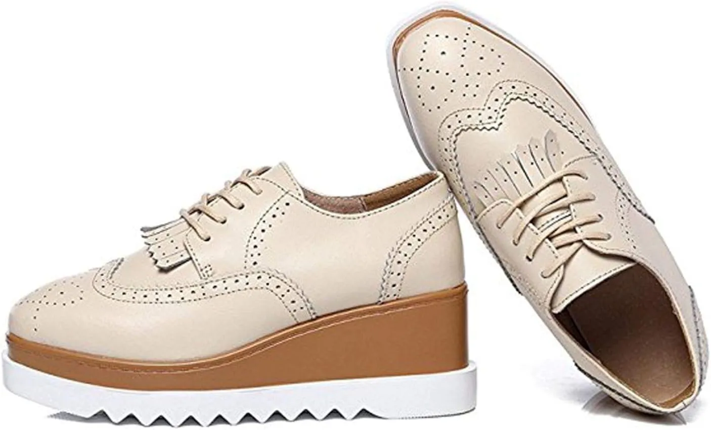 WUIWUIYU Womens Square-Toe Mid Heel Lace Up Brogues Platform Shoes