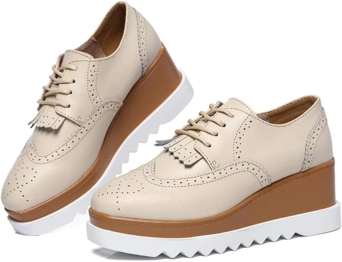 WUIWUIYU Womens Square-Toe Mid Heel Lace Up Brogues Platform Shoes