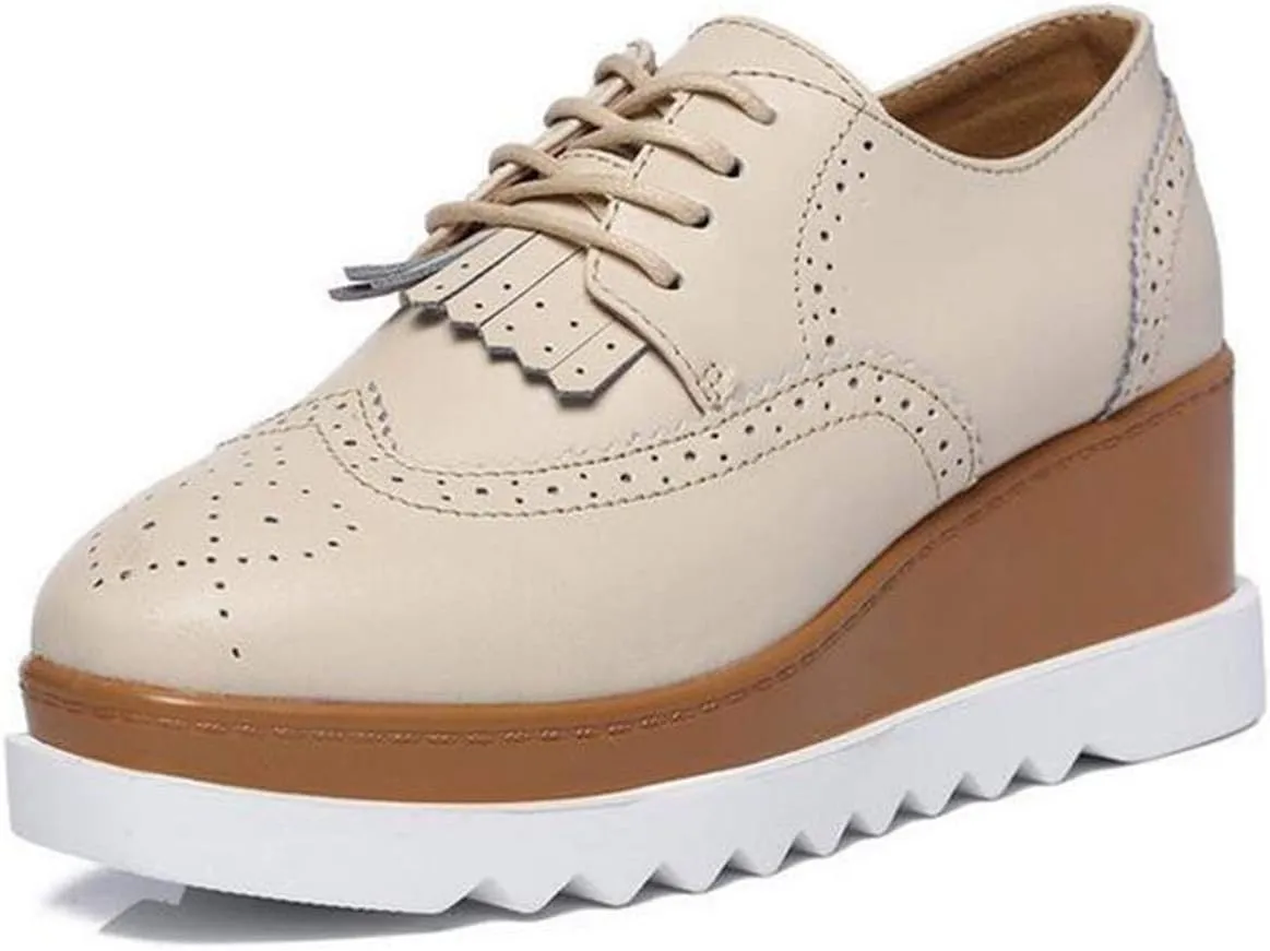 WUIWUIYU Womens Square-Toe Mid Heel Lace Up Brogues Platform Shoes