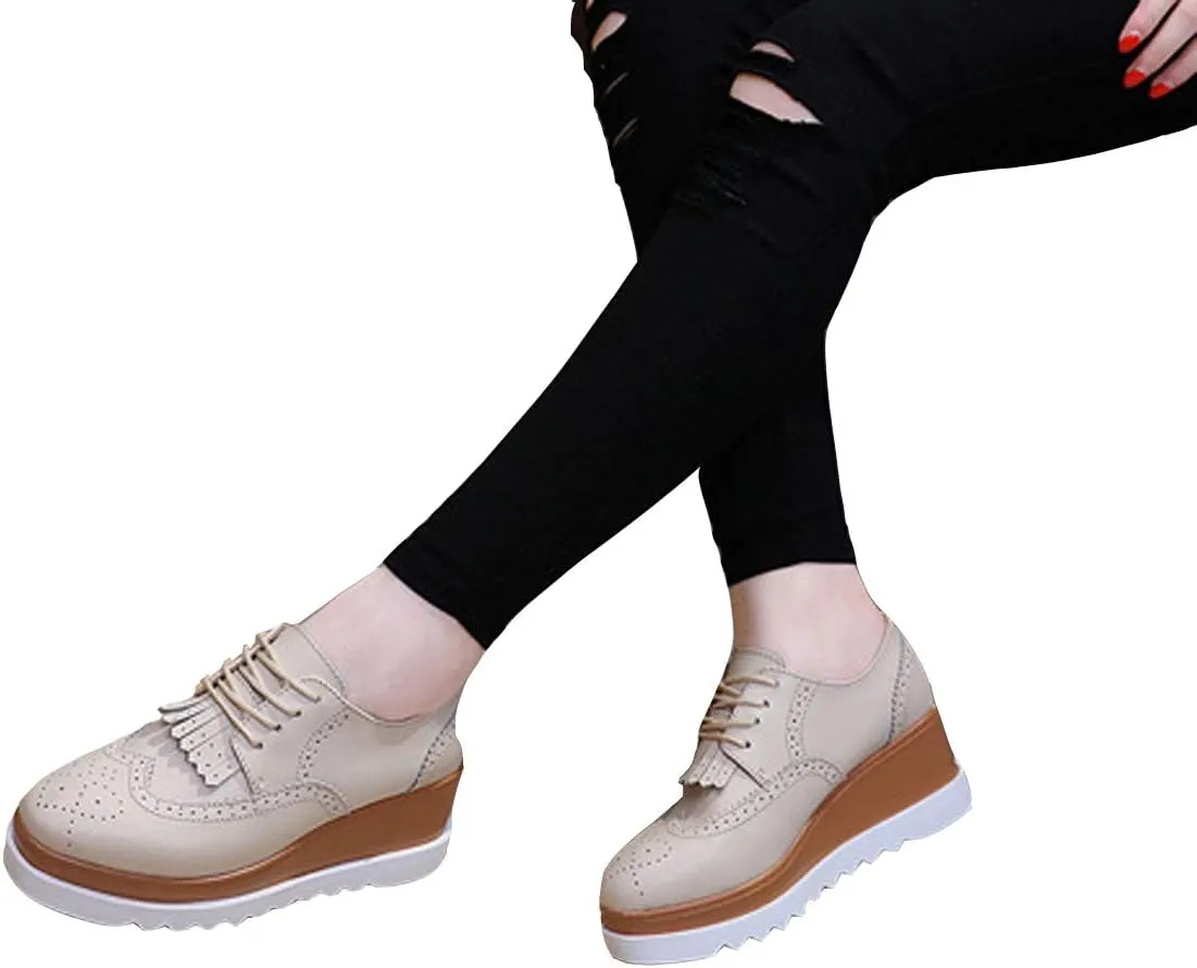 WUIWUIYU Womens Square-Toe Mid Heel Lace Up Brogues Platform Shoes