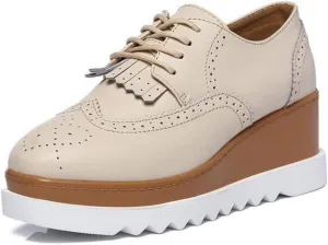 WUIWUIYU Womens Square-Toe Mid Heel Lace Up Brogues Platform Shoes