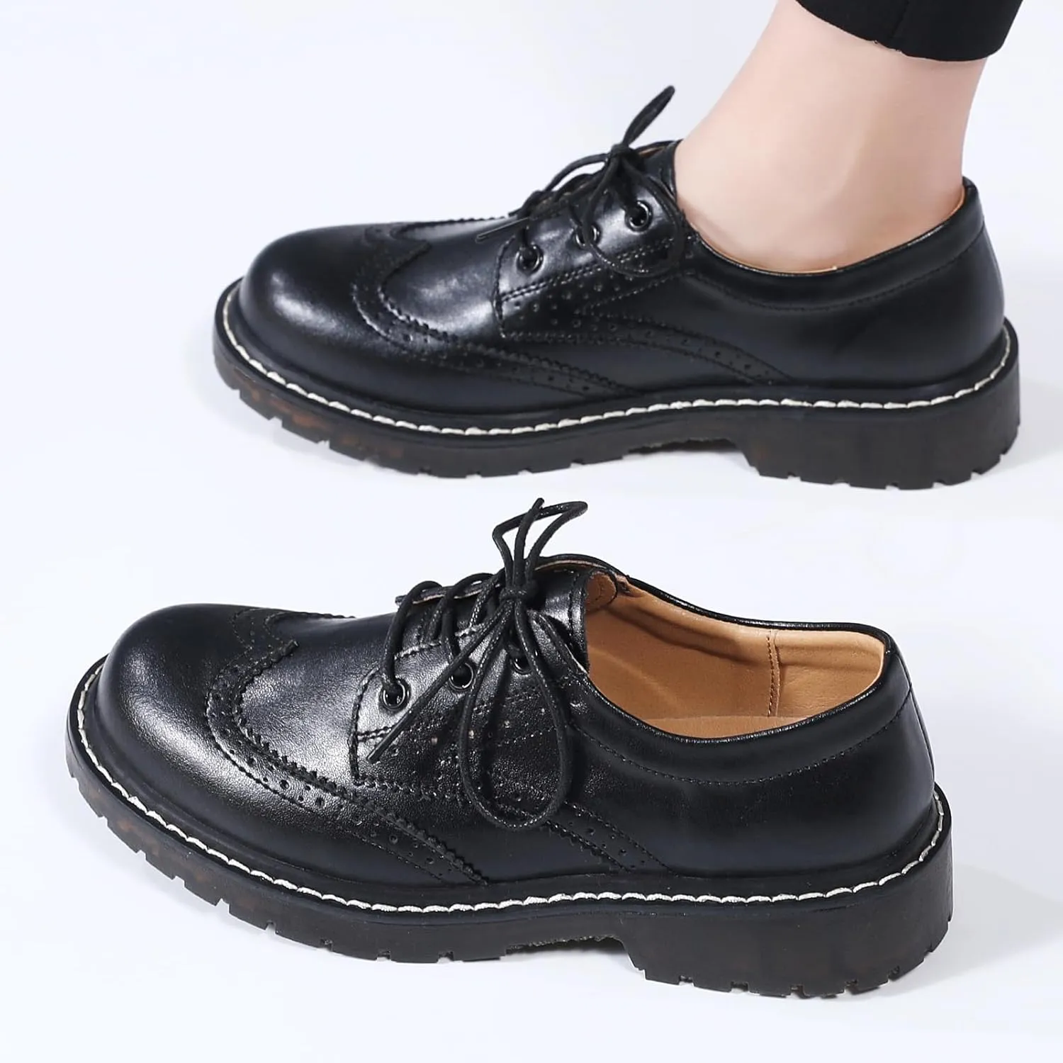XMM Oxford Shoes for Women Women's Oxford Shoe Lace-Up Round Toe Leather Flat Classic Non-Slip Work Business Dress Office Shoes