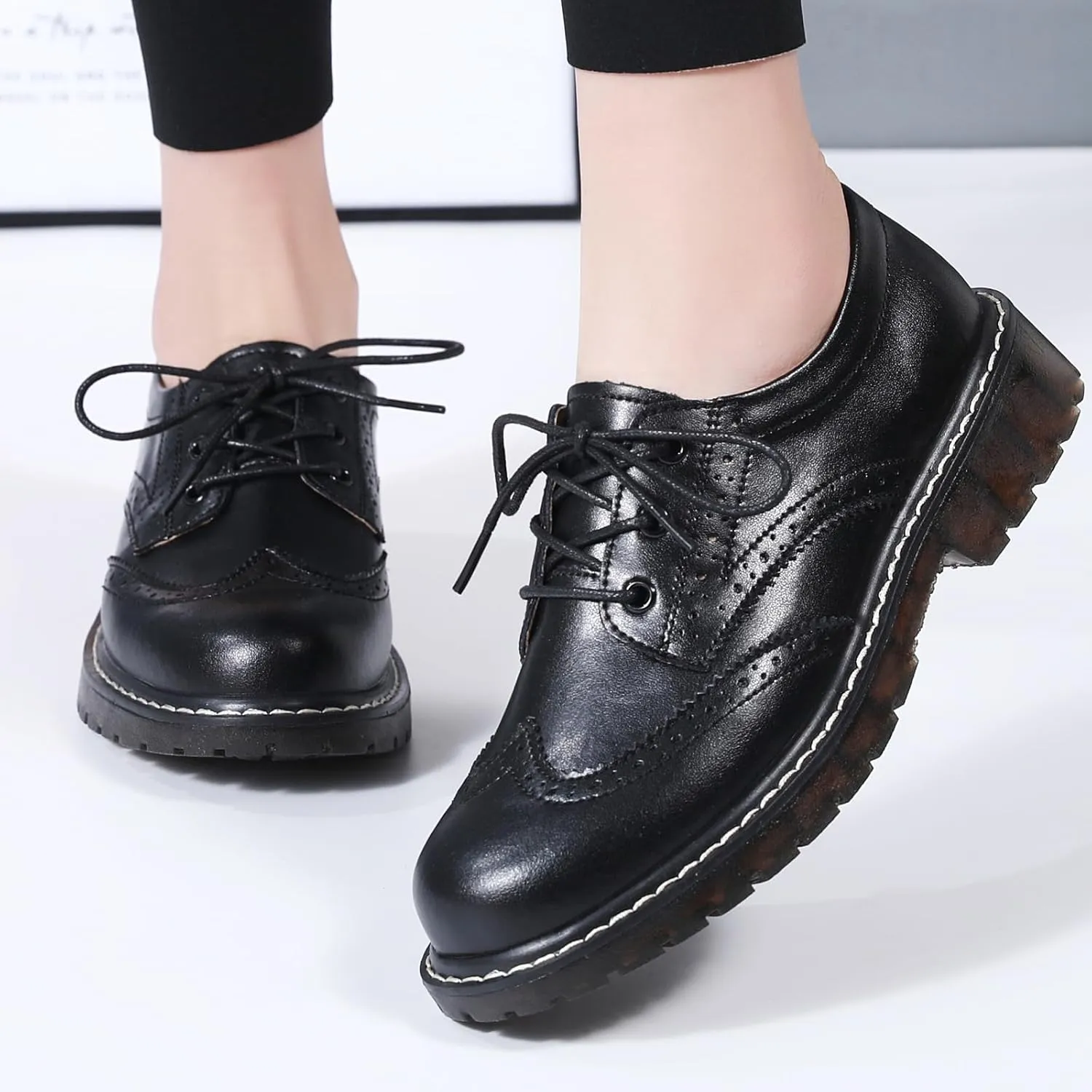 XMM Oxford Shoes for Women Women's Oxford Shoe Lace-Up Round Toe Leather Flat Classic Non-Slip Work Business Dress Office Shoes
