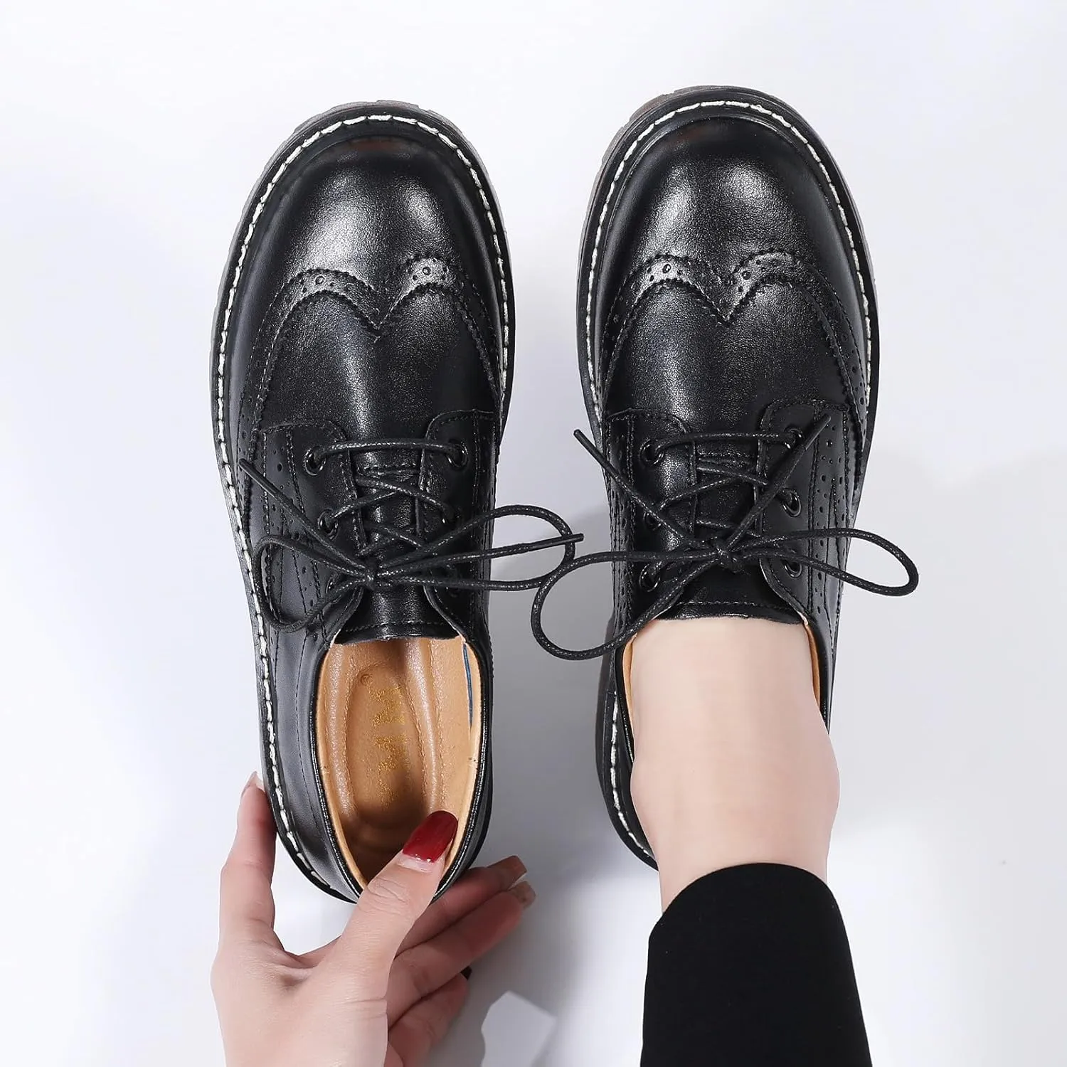 XMM Oxford Shoes for Women Women's Oxford Shoe Lace-Up Round Toe Leather Flat Classic Non-Slip Work Business Dress Office Shoes