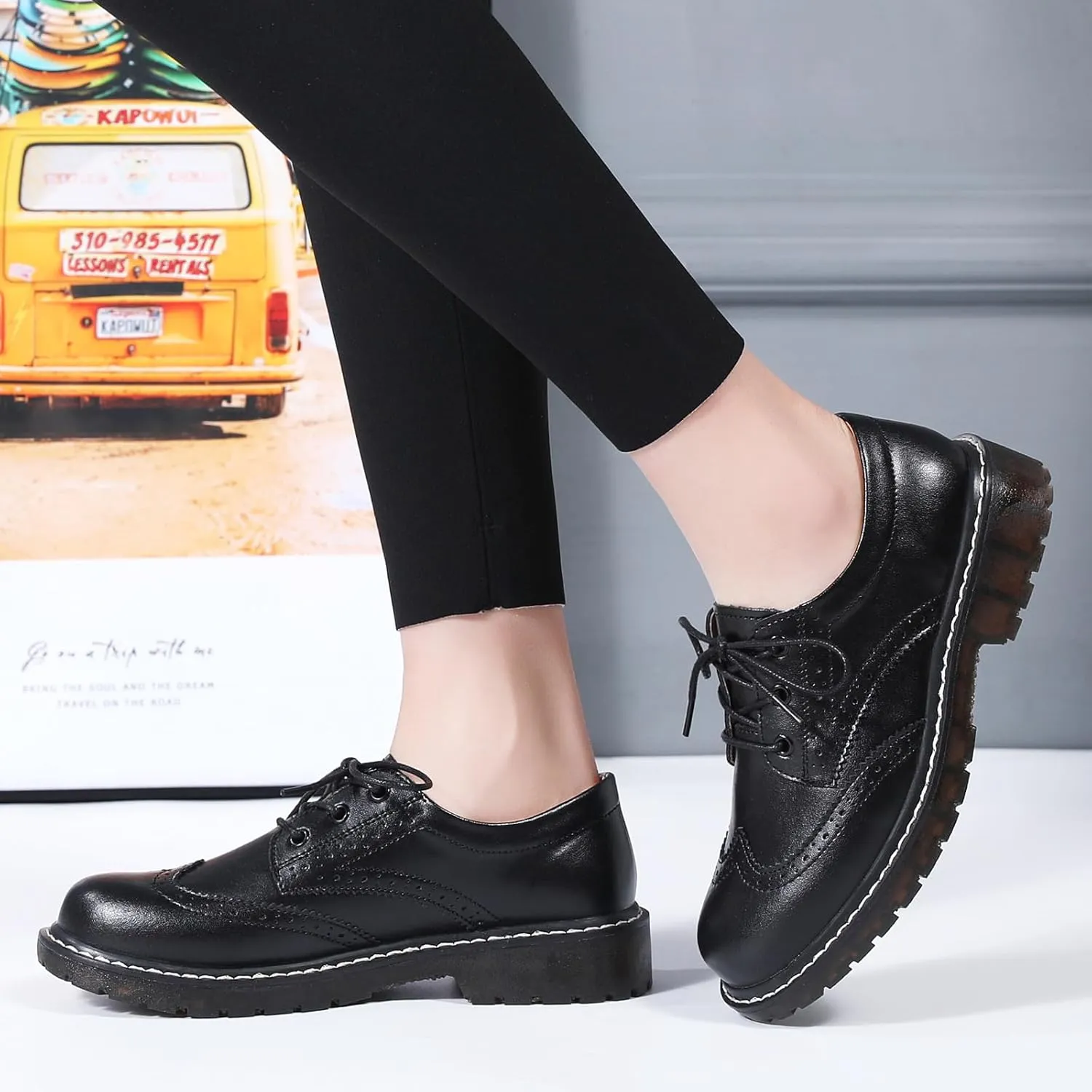 XMM Oxford Shoes for Women Women's Oxford Shoe Lace-Up Round Toe Leather Flat Classic Non-Slip Work Business Dress Office Shoes