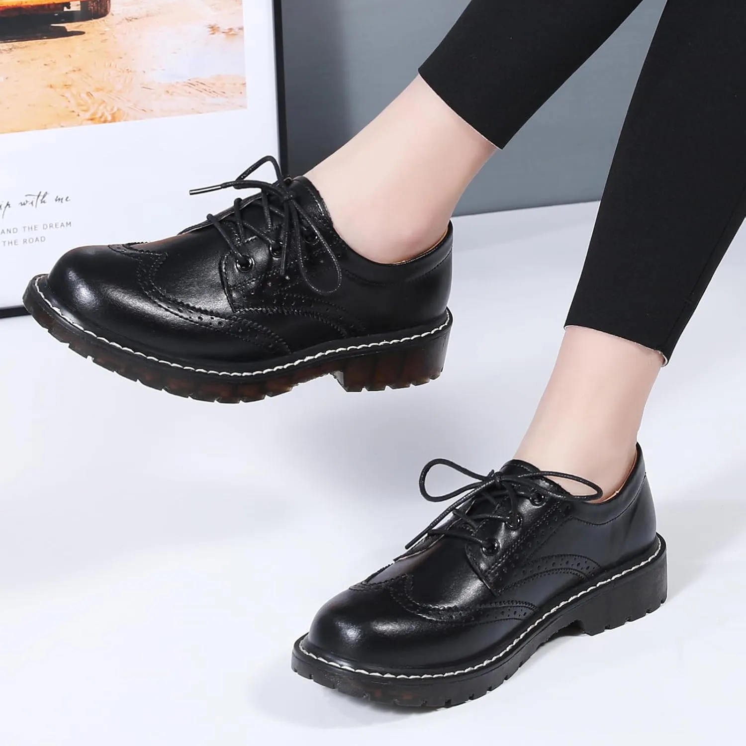 XMM Oxford Shoes for Women Women's Oxford Shoe Lace-Up Round Toe Leather Flat Classic Non-Slip Work Business Dress Office Shoes