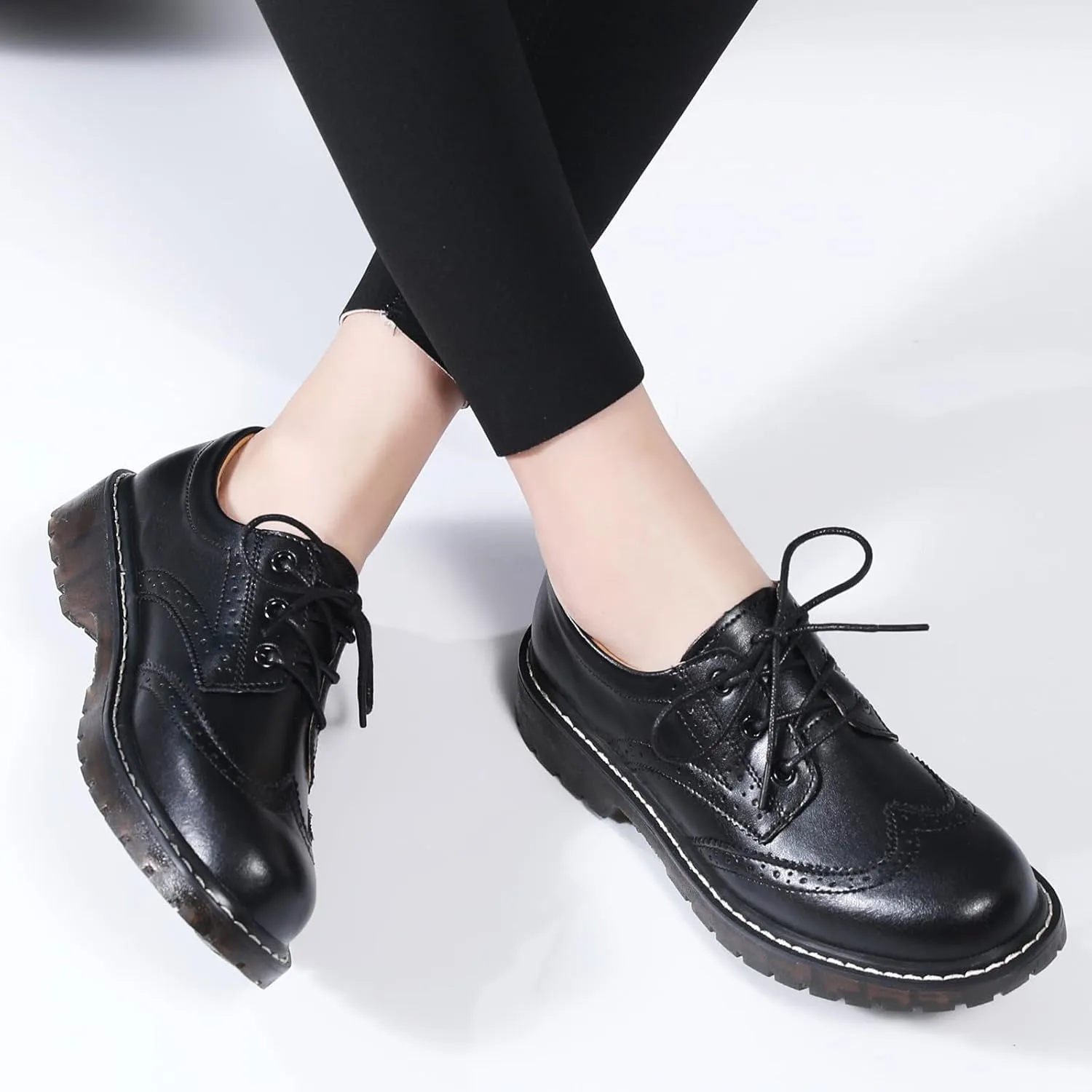 XMM Oxford Shoes for Women Women's Oxford Shoe Lace-Up Round Toe Leather Flat Classic Non-Slip Work Business Dress Office Shoes