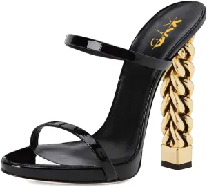 XYD Women Double Straps Slides Sandals Open Toe Golden Block Heel Platform Backless Mules Pumps for Lady Party Evening