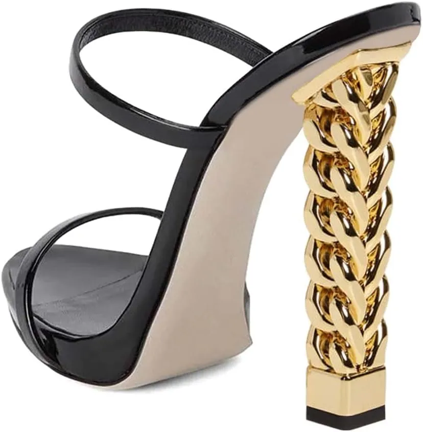 XYD Women Double Straps Slides Sandals Open Toe Golden Block Heel Platform Backless Mules Pumps for Lady Party Evening