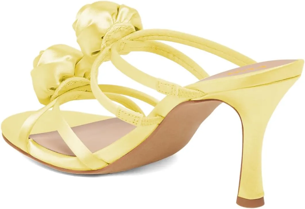 XYD Women Satin Flowers Open Toe High Heel Stiletto Mules Multi Straps Slip-on Slides Sandals Summer Dress Date Shoes