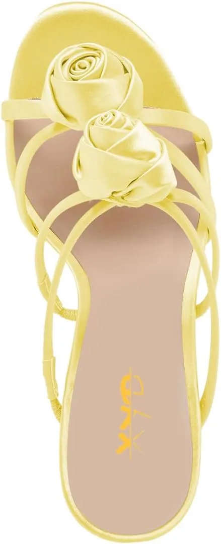 XYD Women Satin Flowers Open Toe High Heel Stiletto Mules Multi Straps Slip-on Slides Sandals Summer Dress Date Shoes