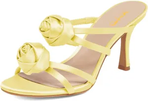 XYD Women Satin Flowers Open Toe High Heel Stiletto Mules Multi Straps Slip-on Slides Sandals Summer Dress Date Shoes