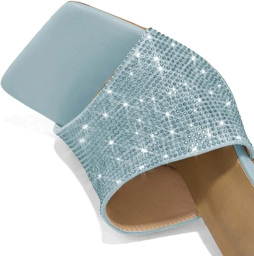 XYD Women Sparkly Rhinestones Open Square Toe Mule Sandals High Heel Stiletto Studded Slide Slipper Summer Outdoor Slip On Party Shoes