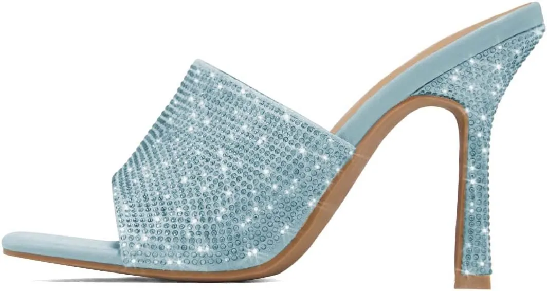 XYD Women Sparkly Rhinestones Open Square Toe Mule Sandals High Heel Stiletto Studded Slide Slipper Summer Outdoor Slip On Party Shoes