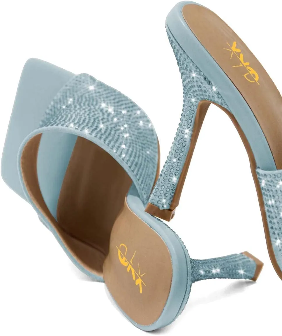 XYD Women Sparkly Rhinestones Open Square Toe Mule Sandals High Heel Stiletto Studded Slide Slipper Summer Outdoor Slip On Party Shoes