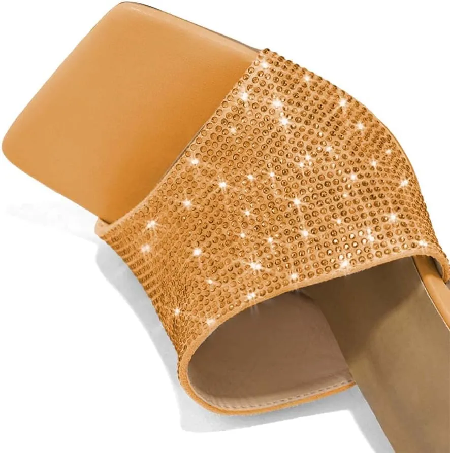 XYD Women Sparkly Rhinestones Open Square Toe Mule Sandals High Heel Stiletto Studded Slide Slipper Summer Outdoor Slip On Party Shoes