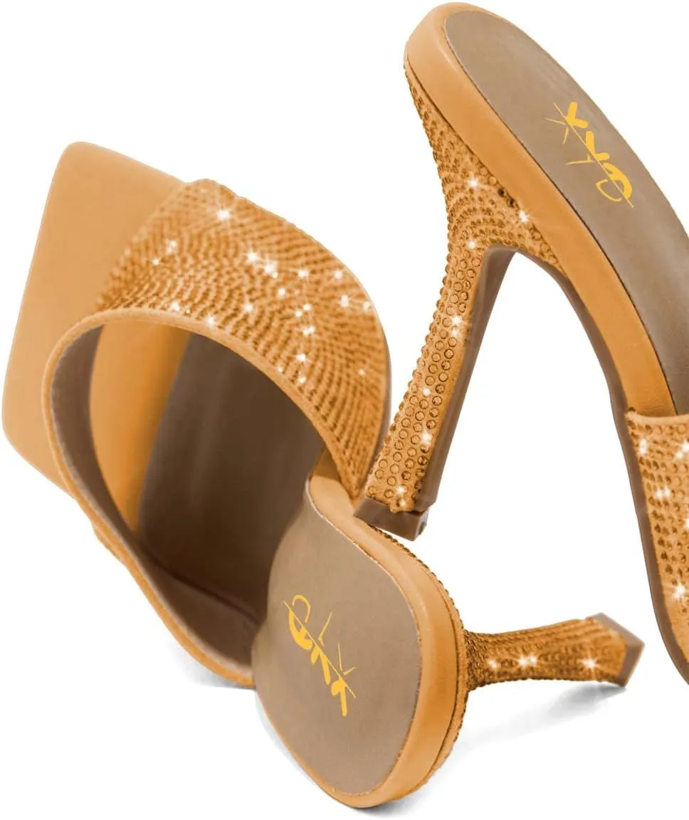 XYD Women Sparkly Rhinestones Open Square Toe Mule Sandals High Heel Stiletto Studded Slide Slipper Summer Outdoor Slip On Party Shoes
